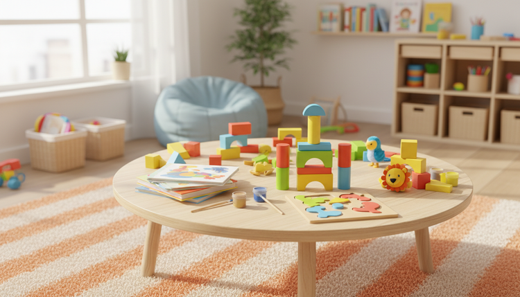 A playroom table full of colourful toys